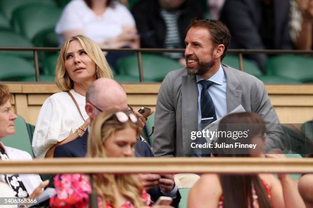 England manager Gareth Southgate and Alison Southgate look on from the Royal Box before Coco Gauff of The United States plays against Amanda...