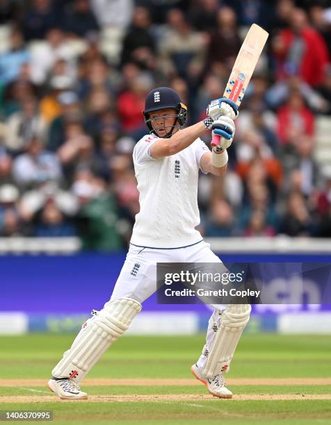 Ollie Pope of England bats during day two of Fifth LV= Insurance Test Match between England and India at Edgbaston at Edgbaston on July 02, 2022 in...