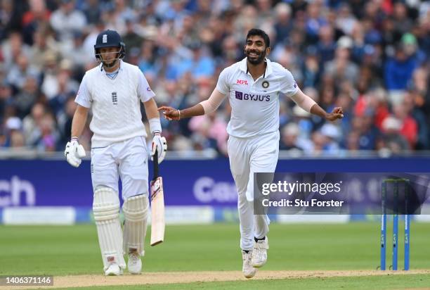 India bowler Jasprit Bumrah celebrates after taking the wicket of Ollie Pope during day two of the Fifth test match between England and India at...