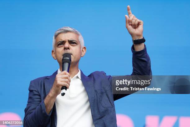 Mayor of London Sadiq Khan speaks on stage during Pride in London 2022: The 50th Anniversary at Trafalgar Square on July 02, 2022 in London, England.