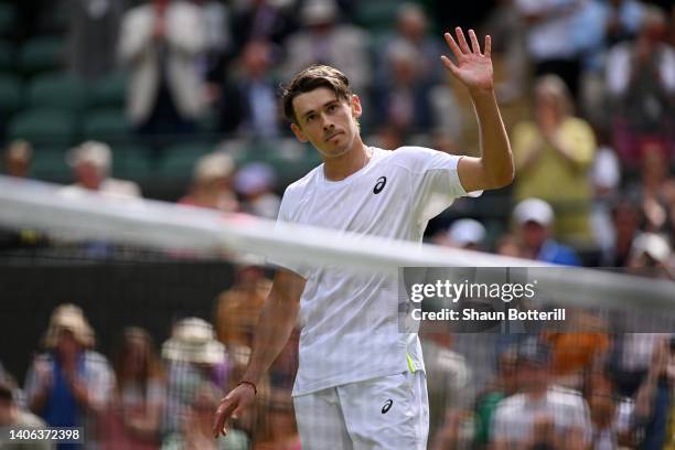 Alex de Minaur of Australia celebrates winning against Liam Broady of Great Britain during their Men's Singles Third Round match on day six of The...