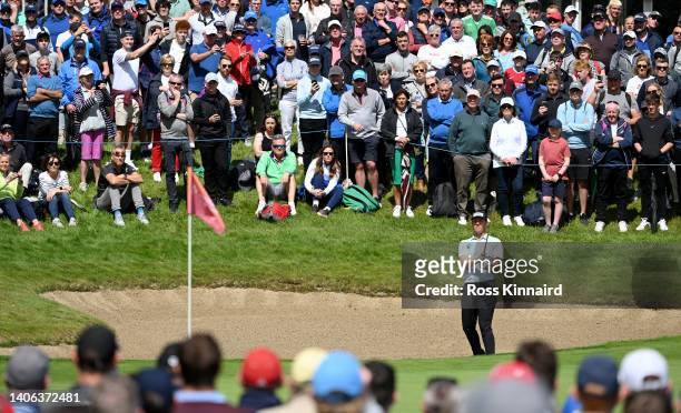 Seamus Power of Ireland playing from a green side bunker on the 9th hole during the third round of the Horizon Irish Open at Mount Juliet Estate on...