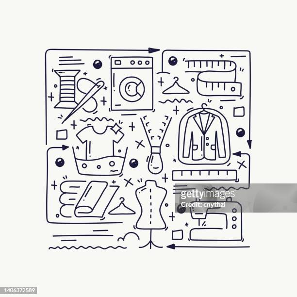 näh- und wäsche-bezogene doodle-illustration. handgezeichnete symbole, doodle-skizzenvektor - nähset stock-grafiken, -clipart, -cartoons und -symbole