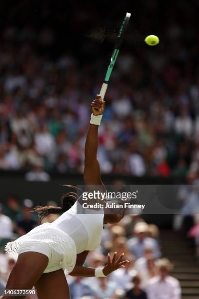 Coco Gauff of The United States serves against Amanda Anisimova of The United States during their Women's Singles Third Round match on day six of The...