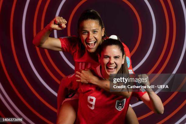 Laura Feiersinger and Sarah Zadrazil of Austria pose for a portrait during the official UEFA Women's EURO 2022 portrait session on July 01, 2022 in...