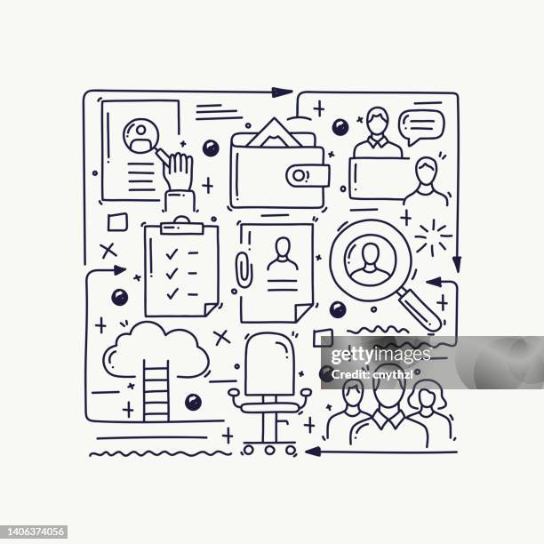 recruitment related doodle illustration. hand drawn symbols, doodle sketch vector - performance coaching stock illustrations