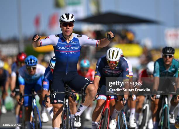 Fabio Jakobsen of Netherlands and Quick-Step - Alpha Vinyl Team celebrates at finish line as stage winner during the 109th Tour de France 2022, Stage...