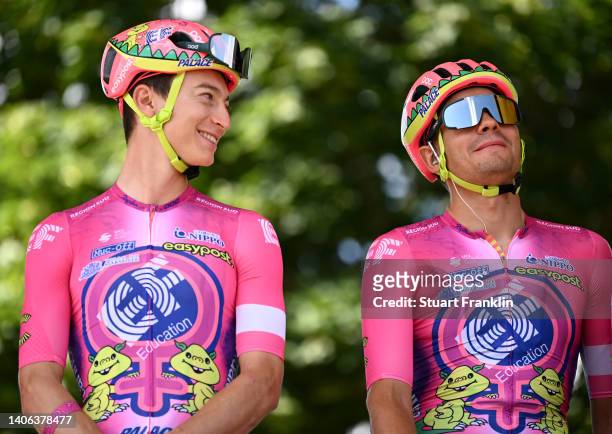 Neilson Powless of United States and Stefan Bissegger of Switzerland and Team EF Education - Easypost during the team presentation prior to the 109th...