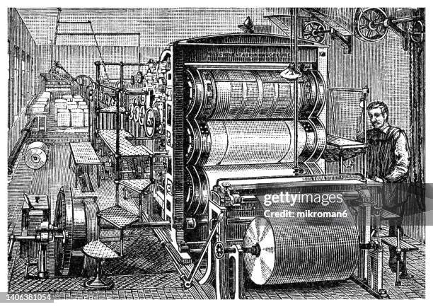 old engraved illustration of book printing process - estilo do século 19 imagens e fotografias de stock