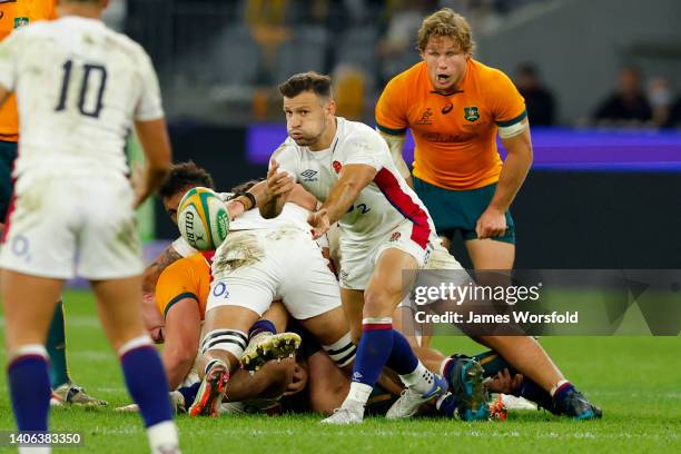 Danny Care of England passes the ball away during game one of the international test match series between the Australian Wallabies and England at...