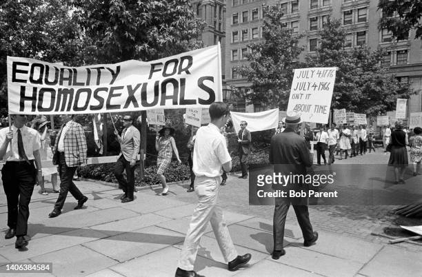Protesters picket outside of Independence Hall for the second Annual Reminder for homosexual civil rights in Philadelphia, Pennsylvania. Two men...