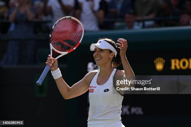 Alize Cornet of France celebrates winning match point against Iga Swiatek of Poland during their Women's Singles Third Round match on day six of The...
