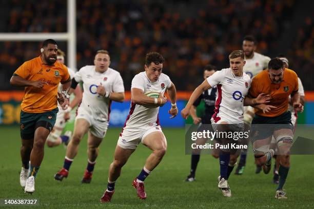 Henry Arundell of England runs the ball during game one of the international test match series between the Australian Wallabies and England at Optus...