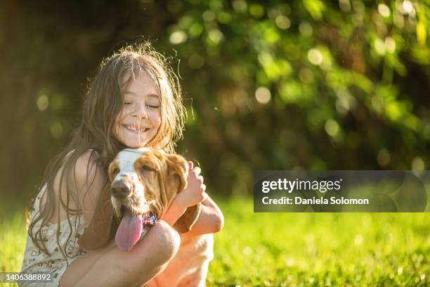 cute girl playing  with her basset hound dog in the forest - basset stock-fotos und bilder