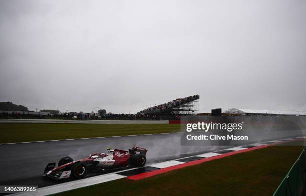 Zhou Guanyu of China driving the Alfa Romeo F1 C42 Ferrari on track during qualifying ahead of the F1 Grand Prix of Great Britain at Silverstone on...