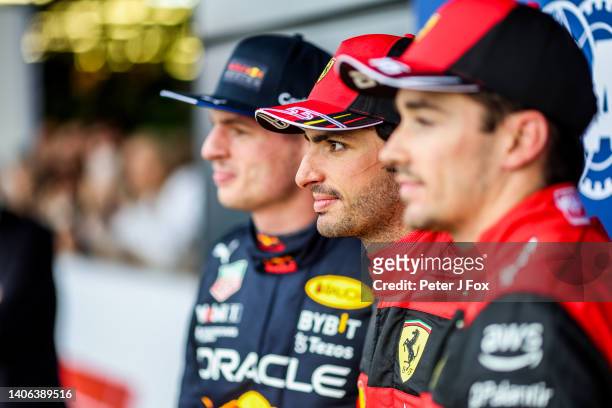 Max Verstappen of Red Bull Racing and The Netherlands, Carlos Sainz of Ferrari and Spain and Charles Leclerc of Ferrari and Monaco during qualifying...