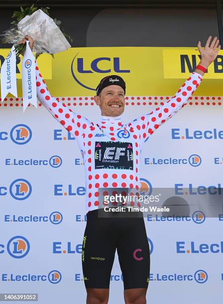 Magnus Cort Nielsen of Denmark and Team EF Education - Easypost celebrates at podium as Polka Dot Mountain Jersey winner during the 109th Tour de...