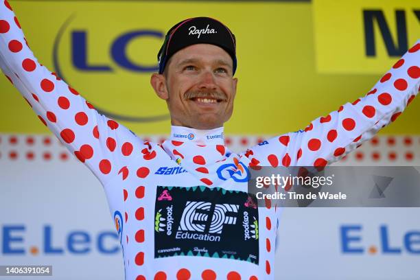 Magnus Cort Nielsen of Denmark and Team EF Education - Easypost celebrates at podium as Polka Dot Mountain Jersey winner during the 109th Tour de...