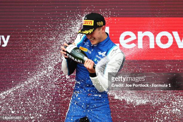 Race winner Jack Doohan of Australia and Virtuosi Racing celebrates on the podium during the Round 7:Silverstone Sprint race of the Formula 2...