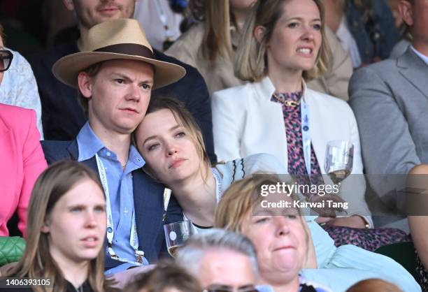 Thomas Brodie-Sangster and Talulah Riley in the Lanson champagne suite during Day Six of the Wimbledon Tennis Championships at All England Lawn...