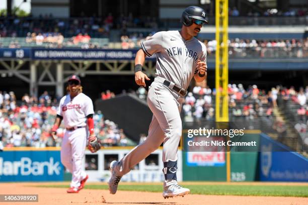 Matt Carpenter of the New York Yankees runs the bases after hitting a two-run home run off Anthony Gose of the Cleveland Guardians during the sixth...