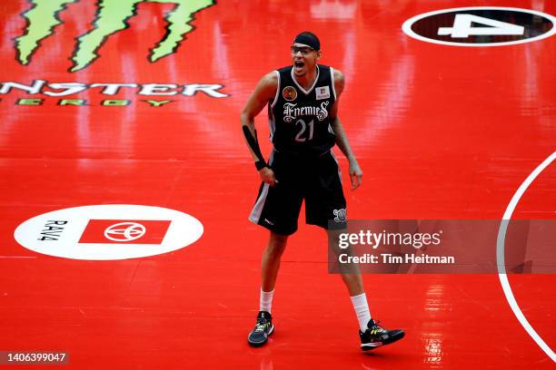 Isaiah Austin of the Enemies reacts after the 50-39 win against the Power in BIG3 Week Three at Comerica Center on July 02, 2022 in Frisco, Texas.
