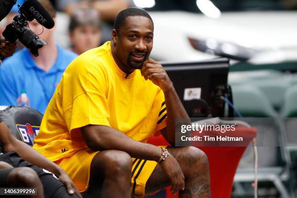 Head coach Gilbert Arenas of the Enemies looks on during the game against the Power in BIG3 Week Three at Comerica Center on July 02, 2022 in Frisco,...