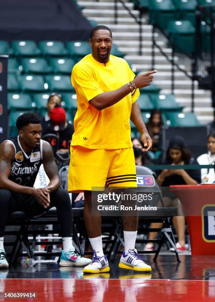 Head coach Gilbert Arenas of the Enemies reacts to a play during the game against the Power in BIG3 Week Three at Comerica Center on July 02, 2022 in...