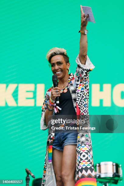 Dame Kelly Holmes on stage during Pride in London 2022: The 50th Anniversary at Trafalgar Square on July 02, 2022 in London, England.