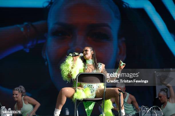 Samantha Mumba performs on stage during Pride in London 2022: The 50th Anniversary at Trafalgar Square on July 02, 2022 in London, England.