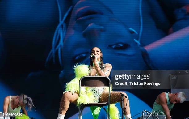 Samantha Mumba performs on stage during Pride in London 2022: The 50th Anniversary at Trafalgar Square on July 02, 2022 in London, England.