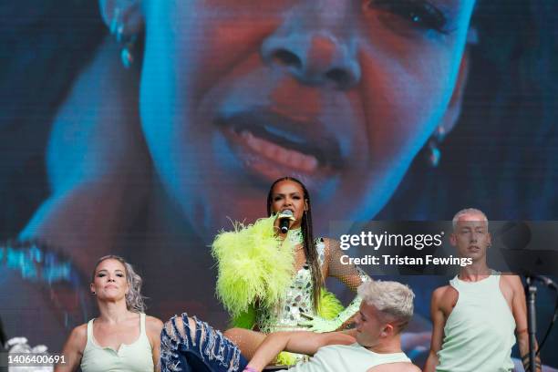 Samantha Mumba performs on stage during Pride in London 2022: The 50th Anniversary at Trafalgar Square on July 02, 2022 in London, England.
