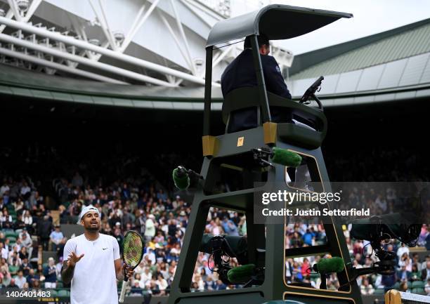 Nick Kyrgios of Australia speaks with the umpire during their Men's Singles Third Round match against Stefanos Tsitsipas of Greece on day six of The...