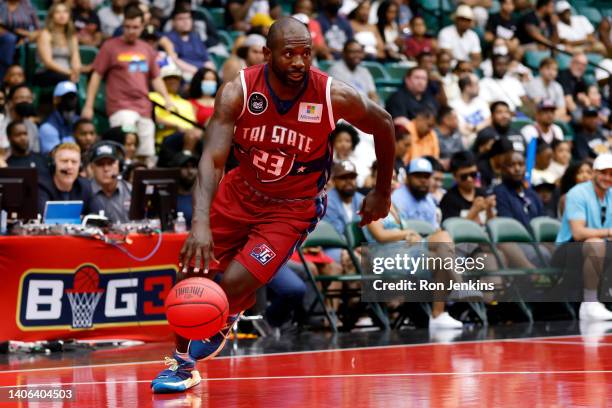 Jason Richardson of the Tri-State drives to the basket during the game against the Killer 3's in BIG3 Week Three at Comerica Center on July 02, 2022...