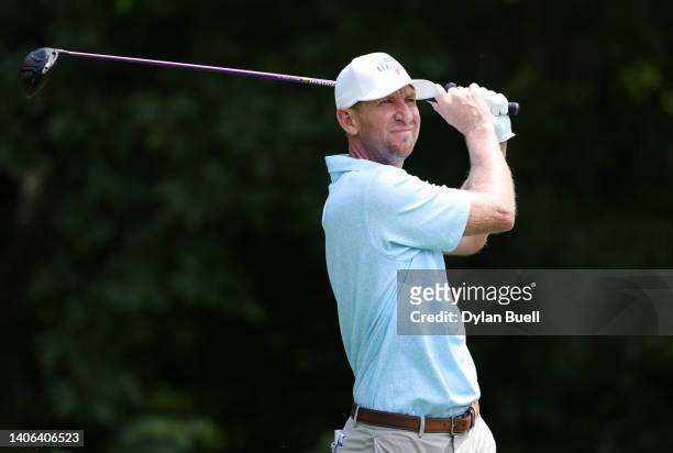 Vaughn Taylor of the United States plays his shot from the second tee during the third round of the John Deere Classic at TPC Deere Run on July 02,...