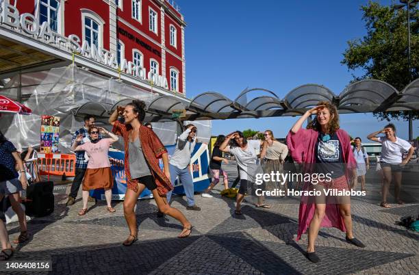Demonstrators stage a flashmob in Santa Apolonia train station to demand the comeback of night train services to Madrid, Spain, and Hendaye, France,...