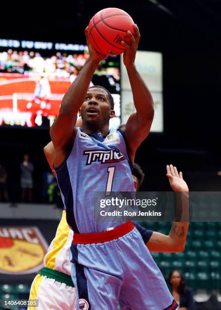 Joe Johnson of the Triplets drives to the basket during the game against the Ball Hogs in BIG3 Week Three at Comerica Center on July 02, 2022 in...