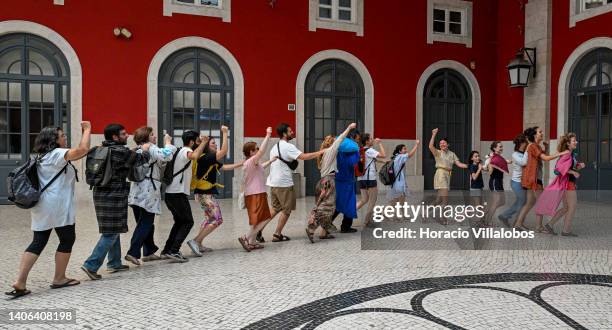 Demonstrators stage a flashmob in Santa Apolonia train station to demand the comeback of night train services to Madrid, Spain, and Hendaye, France,...