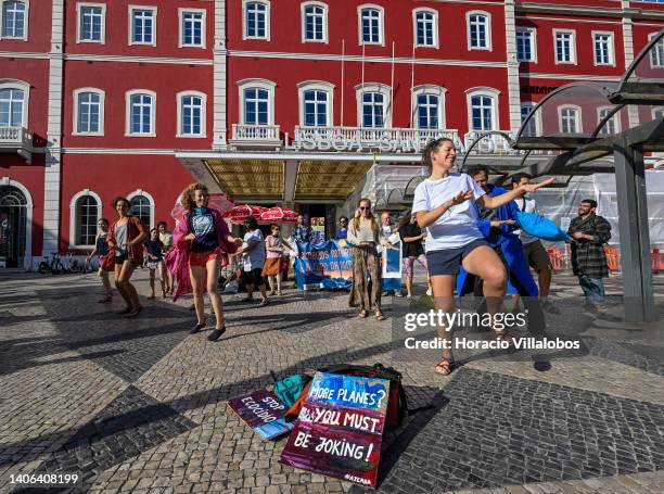 Demonstrators stage a flashmob in Santa Apolonia train station to demand the comeback of night train services to Madrid, Spain, and Hendaye, France,...