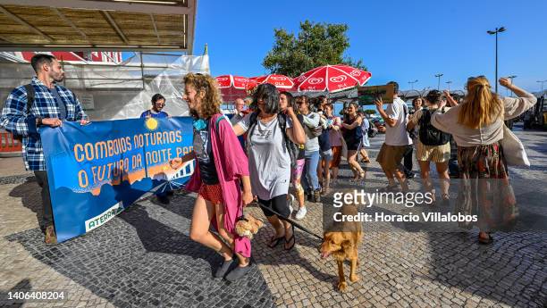Demonstrators stage a flashmob in Santa Apolonia train station to demand the comeback of night train services to Madrid, Spain, and Hendaye, France,...