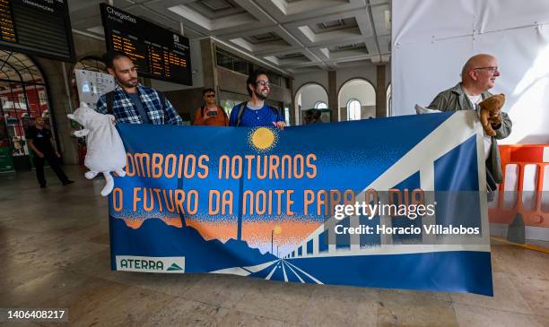 Demonstrators stage a flashmob in Santa Apolonia train station to demand the comeback of night train services to Madrid, Spain, and Hendaye, France,...