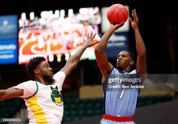 Joe Johnson of the Triplets shoots the ball against Kuran Iverson of the Ball Hogs during the game in BIG3 Week Three at Comerica Center on July 02,...