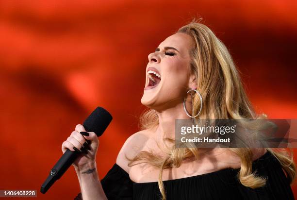 In this handout photo issued by Getty Images, Adele performs on stage as American Express present BST Hyde Park in Hyde Park on July 02, 2022 in...