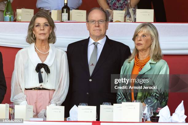 Princess Caroline of Hanover and Prince Albert II of Monaco attends the Monte-Carlo International Jumping " Grand Prix du Prince " on July 02, 2022...