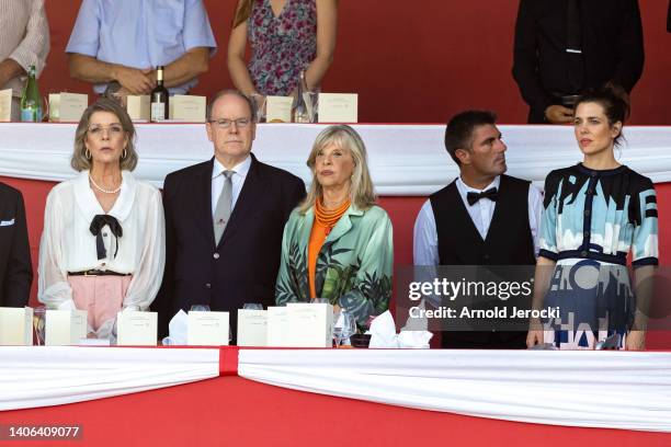 Princess Caroline of Hanover, Prince Albert II of Monaco and Charlotte Casiraghi attends the Monte-Carlo International Jumping " Grand Prix du Prince...