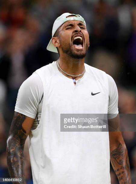 Nick Kyrgios of Australia celebrates winning against Stefanos Tsitsipas of Greece during their Men's Singles Third Round match on day six of The...