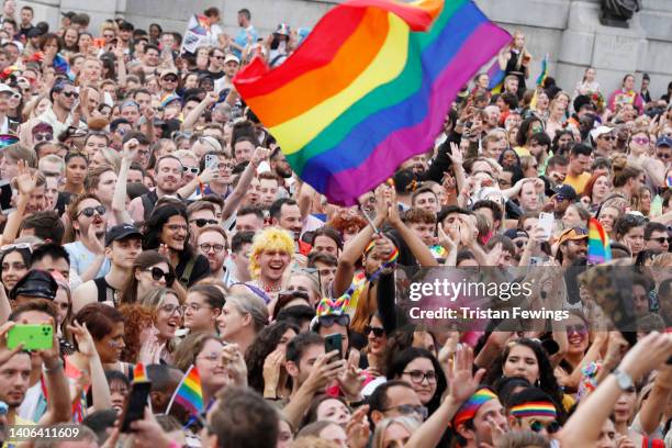 General view at Pride in London 2022: The 50th Anniversary at Trafalgar Square on July 02, 2022 in London, England.