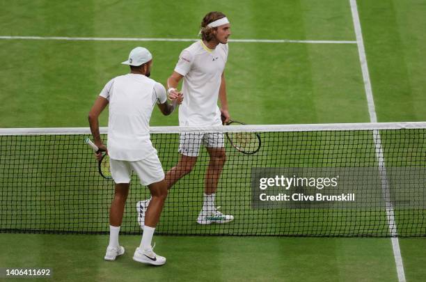 Nick Kyrgios of Australia interacts with Stefanos Tsitsipas of Greece after winning their Men's Singles Third Round match on day six of The...