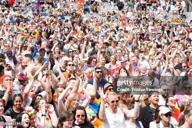 General view of the crowds at Pride in London 2022: The 50th Anniversary at Trafalgar Square on July 02, 2022 in London, England.