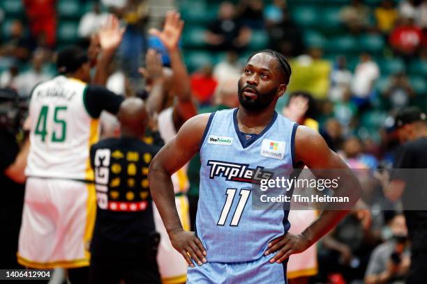 Jeremy Pargo of the Triplets looks on after the 50-48 loss against the Ball Hogs in BIG3 Week Three at Comerica Center on July 02, 2022 in Frisco,...